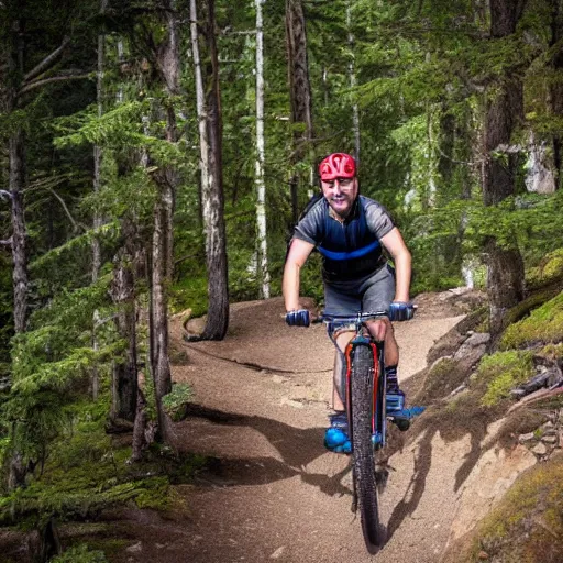 Image similar to 38 year old male on a full suspension mountain bike riding down a steep and rocky trail with a big smile on his face, ultrarealistic, 4K