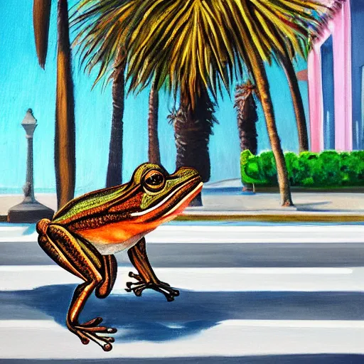 Image similar to painting of a bipedal frog walking away from the camera, down a busy street in los angeles, street vendors, palm trees,