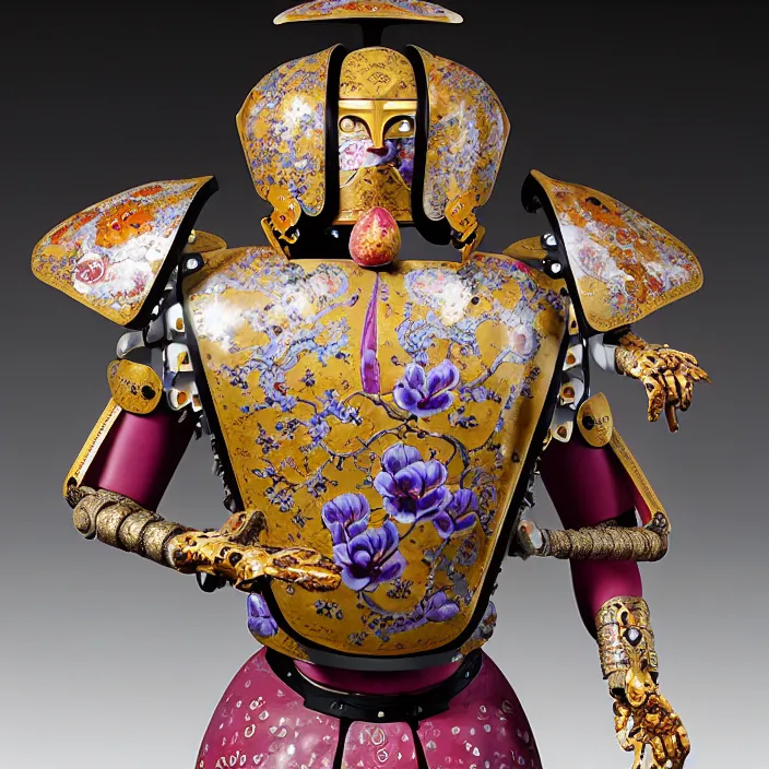 Image similar to ceramic cyborg, Kakiemon design armor with plums and stylized flowers in glaze and gilding Edo period 1670–1690, diffuse lighting, fantasy, intricate, elegant, highly detailed, lifelike, photorealistic, digital painting, artstation, illustration, concept art, smooth, sharp focus, art by John Collier and Albert Aublet and Krenz Cushart and Artem Demura and Alphonse Mucha