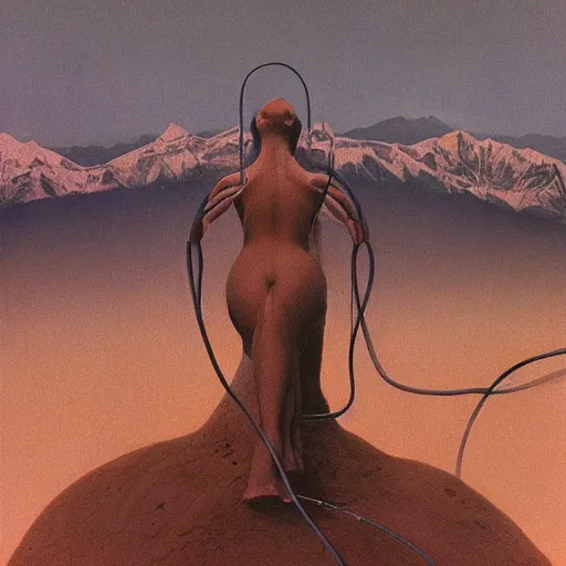 Prompt: photo of a woman wrapped around by tubes and cables, mountains in the background, by Zdzislaw Beksinski