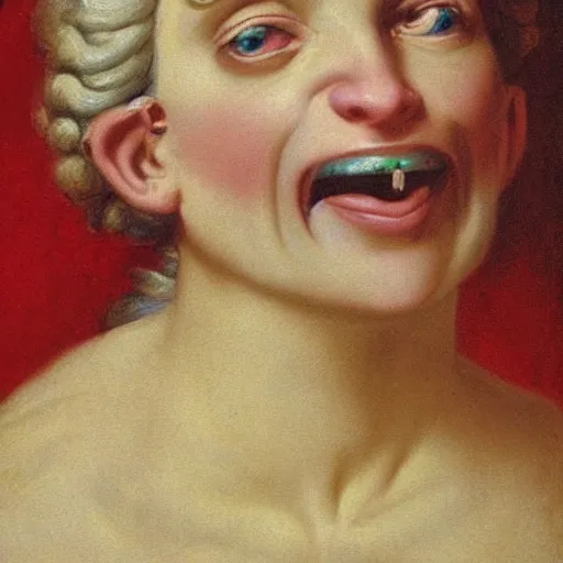 Image similar to helga pataki's teeth, soft rainbow light, painting by jacques-louis david, sad muppet eyes