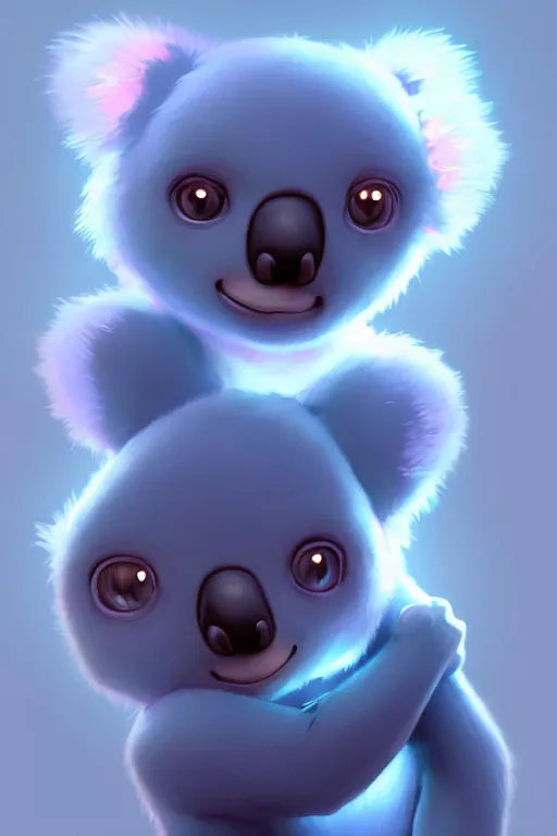 Image similar to super cute Bioluminescent humanoid koala character concept, soft light, soft mood, realistic body features and face, illustration, painting oil on canvas by Elena Zhurikhina and Goro Fujita and Charlie Bowater, octane render trending on artstation, 4k, 8k, HD