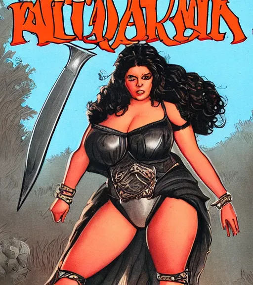 Image similar to 1 9 8 0 s fantasy novel book cover, bbw plus size amazonian sarah hyland in extremely tight bikini armor wielding a cartoonishly large sword, exaggerated body features, dark and smoky background, low quality print