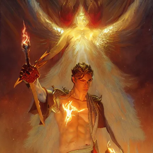 Image similar to attractive male deity casts light spell, summons attractive male lucifer morningstar. highly detailed painting by gaston bussiere, craig mullins, j. c. leyendecker 8 k