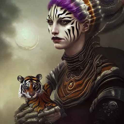 Prompt: tom bagshaw, soft painting fractal curiosities carnival, very beautiful female tigress mutation in full nightshade gothic armor, accurate features, focus, very intricate ultrafine details, black white purple volumetric clouds, award winning masterpiece, octane render 8 k hd