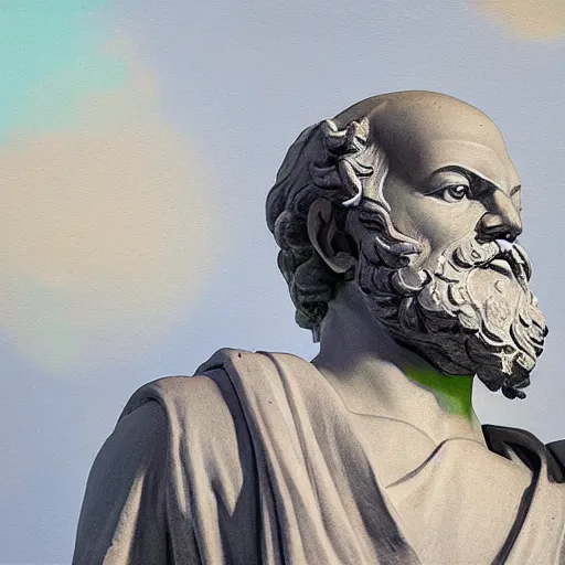 Prompt: a statue of socrates wearing an oculus quest 2 and looking up towards the stars, oil painting