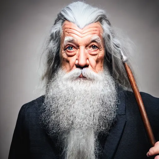 Prompt: Gandalf wearing a suit, DLSR photo