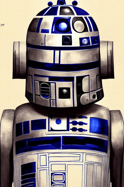 Image similar to a portrait of a man as r 2 d 2 droid, humanization, humanized, grim - lighting, high - contrast, intricate, elegant, highly detailed, digital painting, artstation, concept art, smooth, sharp focus, illustration