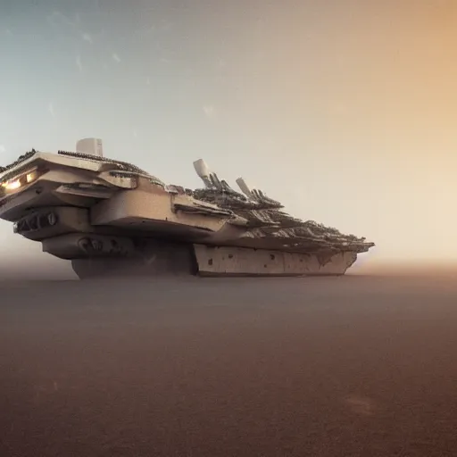 Image similar to cyberpunk cinematic scene of a wreckage of a gigantic stranded sci-fi aircraft carrier in the desert surrounded by dunes, quads and jeeps Madmax style. Haze and a sandstorm is gathering in the sky, gloomy mood, epic scene, hyperrealistic, intricate detail, photo-realistic. Cinematic and volumetric light. Epic concept art. Octane render and Unreal Engine