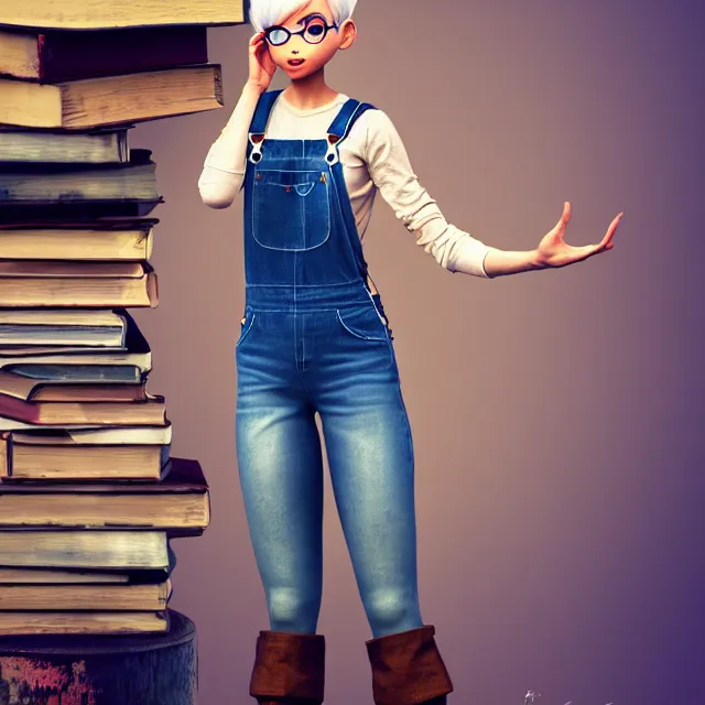 Image similar to full body pose, beautiful adult fairy, pixar, short white hair shaved sides, dirty, grungy, grunge, long sleeve, painted overalls, stacks of giant books, highly detailed, 4 k, hdr, smooth, sharp focus, high resolution, award - winning photo, artgerm, photorealistic