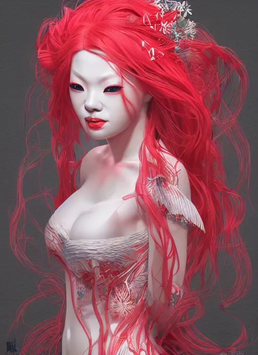 Image similar to albino maiko as a mermaid, fluent composition, red and white neon, concept art, ambient light, 4 k, intricate details, highly professionally detailed, cgsociety, highly detailed -