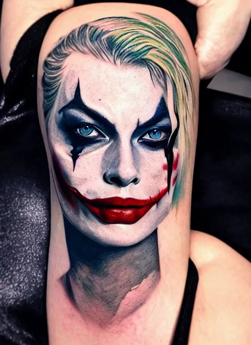 Prompt: tattoo design of margot robbie with joker makeup, ace card, realistic face, black and white, realism tattoo, hyper realistic, highly detailed