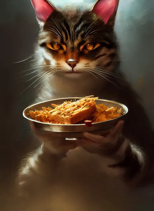 Image similar to a whimsical portrait of a cat stealing food ; by greg rutkowski, sung choi, mitchell mohrhauser, maciej kuciara, johnson ting, maxim verehin, peter konig, final fantasy, marco lense, hd, high detail, atmospheric, trending on artstation