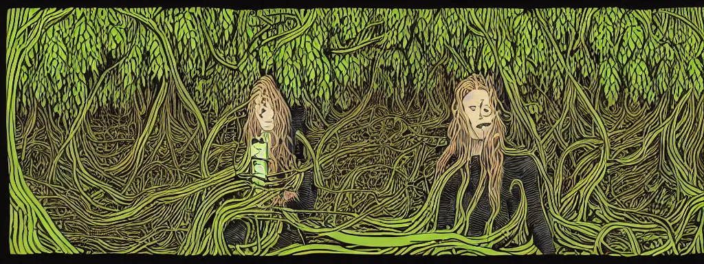 Image similar to a grunge technogaianist long-haired blonde digital musician playing modular synthesizer in the forest, technology and nature swirling in harmony, plugging vines into the synthesizer, trees swaying to the beat, postmodern surrealist concert poster, grainy poster art, hand drawn matte painting by Tara McPherson and Gary Houston, smooth, sharp focus, extremely detailed, 50mm.