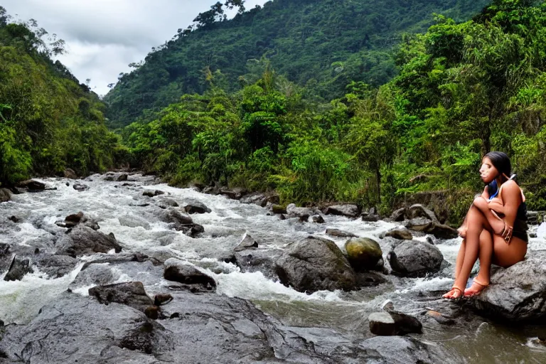 Prompt: a river flowing through colombia with a beautiful latina woman sitting on a rock