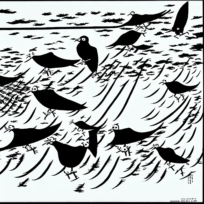 Prompt: a still frame from comic strip, birds dancing clouds 1 9 5 0, herluf bidstrup, new yorker illustration, monochrome contrast bw, lineart, manga, tadanori yokoo, simplified,
