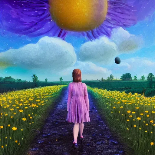 Image similar to giant daisy flower as a head, girl walking in flower field, surreal photography, moon light, dark night, dramatic, impressionist painting, clouds, digital painting, artstation, simon stalenhag