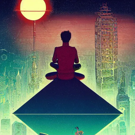 Image similar to Stunningly intricate illustration of a cyberpunk explorer meditating next to a floating triangular glowing monolith, highly detailed, midnight, by Victo Ngai and James Gilleard , Moebius, Laurie Greasley