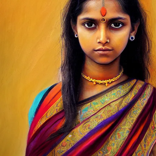 Prompt: stunning, breathtaking, awe - inspiring award - winning concept art portrait painting by steve mccurry of a beautiful young hindu woman with short, wavy hair, wearing a colorful sari