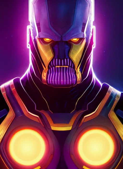 Image similar to symmetry portrait of thanos, sci - fi, tech wear, glowing lights intricate, elegant, highly detailed, digital painting, artstation, concept art, smooth, sharp focus, illustration, art by artgerm and greg rutkowski and alphonse mucha