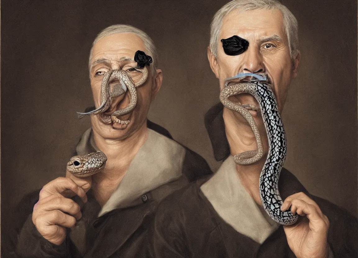 Image similar to Highly detailed portrait of a man with gray hair, a black eye patch, and a snake in his mouth