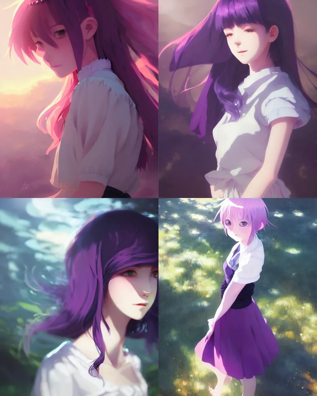 Prompt: girl with purple hair and black skirt, a beautiful portrait, top lighting, perfect shadow, soft painting, art by hidari and makoto shinkai and wenjun lin