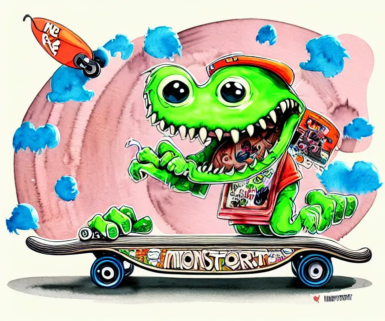 Prompt: cute and funny, monster on a skateboard, ratfink style by ed roth, centered award winning watercolor pen illustration, isometric illustration by chihiro iwasaki, edited by range murata, tiny details by artgerm and watercolor girl, symmetrically isometrically centered