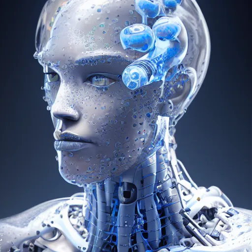 Prompt: Epic Masterpiece head and shoulders portrait of advanced robot with clear glass torso containing blue jellyfish, drawn by stanley artgerm lau, james jean, background by James Jean and Gustav Klimt, 4k, porcelain skin, volumetric lighting, komorebi, french nouveau, trending on artstation, octane render, hyperrealistic