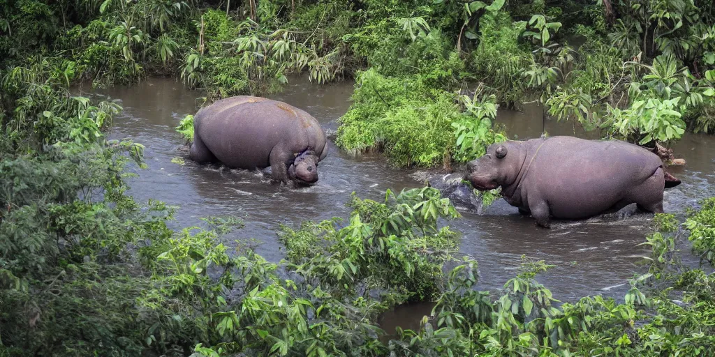 Image similar to a hippo with large wings in a river in the jungle. extremely high fidelity, ominous natural lighting