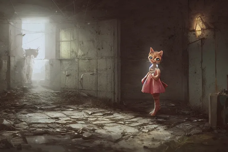 Image similar to a cute kitten wearing a dress is on an adventure through an abandoned town in the night, 3d scene, render, ultra realistic, zenith view, Greg Rutkowski, artstation, cgsociety, level design, unreal engine, 3d scene, render, ultra realistic, Enki Bilal style