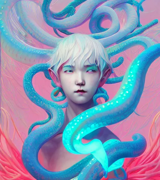 Prompt: harmony of neon glowing coral, tentacles, dynamic pose ( white hair merman yoongi elf ears, no nose portrait ) by wlop, james jean, victo ngai, muted colors, highly detailed, fantasy art by craig mullins, thomas kinkade,