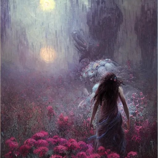 Image similar to a beautiful terrifying monster made of flowers. ethereal horror fantasy art by greg rutkowski and monet