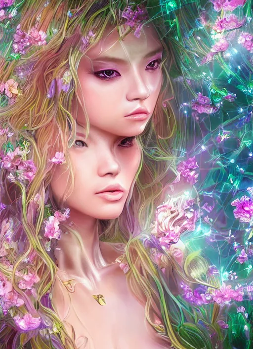 Prompt: portrait of a seductive Lalisa Manobal as a Celestial Goddess of a futuristic pearlescent holographic, captivating look, inside future fighter, sci-fi, fantasy, intricate, lush garden spaceship with sakura season flowers in Kyoto Japan, elegant, human anatomy, royal green and nature light, highly detailed, digital painting, artstation, concept art, smooth, sharp focus, illustration, art by Ryan meinerding, masterpiece, 3d blender