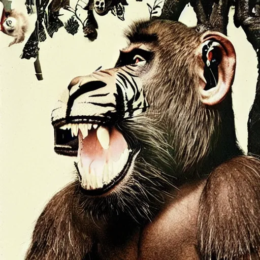 Image similar to toshiko okanoue tiger face clouds gorilla fighting a baboon chaotic jungle wes craven highly detailed, photo realistic, full color, crimson lips