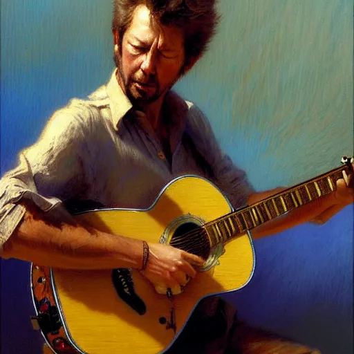 Image similar to eric clapton playing guitar. highly detailed painting by gaston bussiere, craig mullins, j. c. leyendecker, 8 k