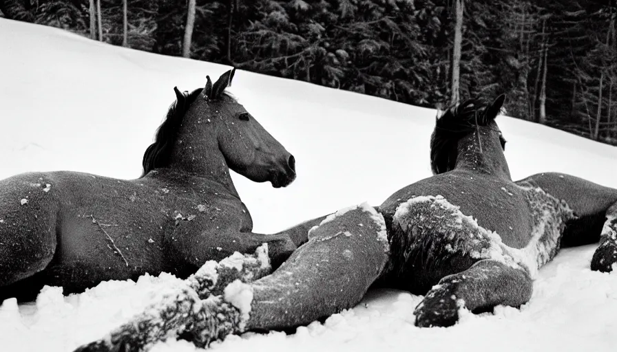 Prompt: 1 9 6 0 s movie still close up of marcus aurelius frozen to death under the snow, a horse frozen under the snow by the side of a river with gravel, pine forests, cinestill 8 0 0 t 3 5 mm, high quality, heavy grain, high detail, texture, dramatic light, anamorphic, hyperrealistic, detailed hair, foggy