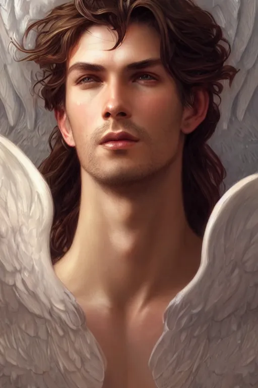 Image similar to up close portrait of a male angel, d & d, face, fantasy, intricate, elegant, highly detailed, digital painting, artstation, concept art, smooth, sharp focus, illustration, art by artgerm and greg rutkowski and alphonse mucha