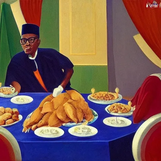 Prompt: president muhammadu buhari sitted at a lavish banquet with a large bastion of chicken minimalist solid background the great feast regal ornamental in the style of edward hooper and henri matisse oil painting