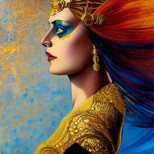 Prompt: a woman with blue and gold hair, an art deco painting by karol bak, featured on cgsociety, gothic art, poster art, art deco, tarot card