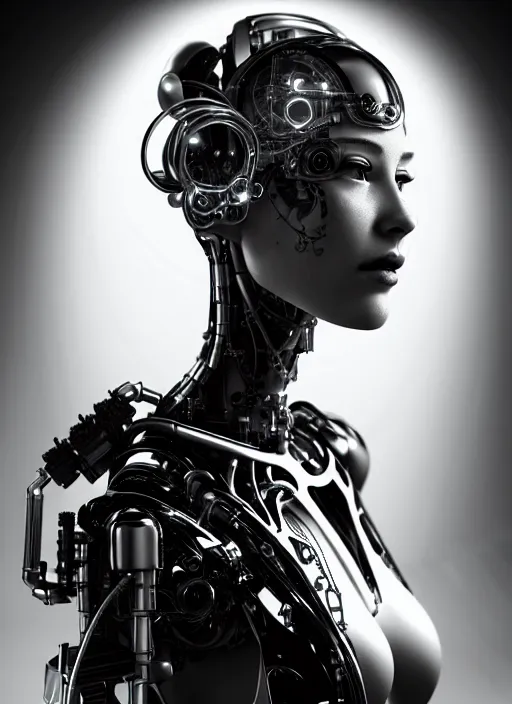 Prompt: a beautiful young female cyborg with an intricate bio - mechanical face, unreal engine, portrait, side - view, f / 2. 8, black and white, high contrast, cinecolor, 1 6 k, lonely, perfectionism, halfrear lighting, insanely detailed and intricate, hypermaximalist, elegant, ornate, hyper realistic, super detailed