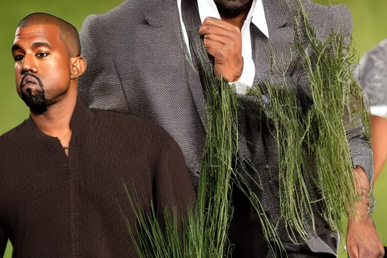 kanye west wearing a suit made of grass, full body, Stable Diffusion
