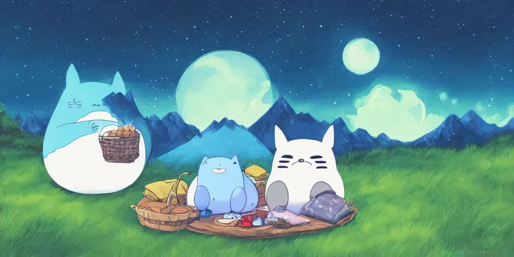 Prompt: glowing snorlax and totoro doing a picnic, mountain landscape, night sky, digital art, digital painting, celestial, majestic, colorful