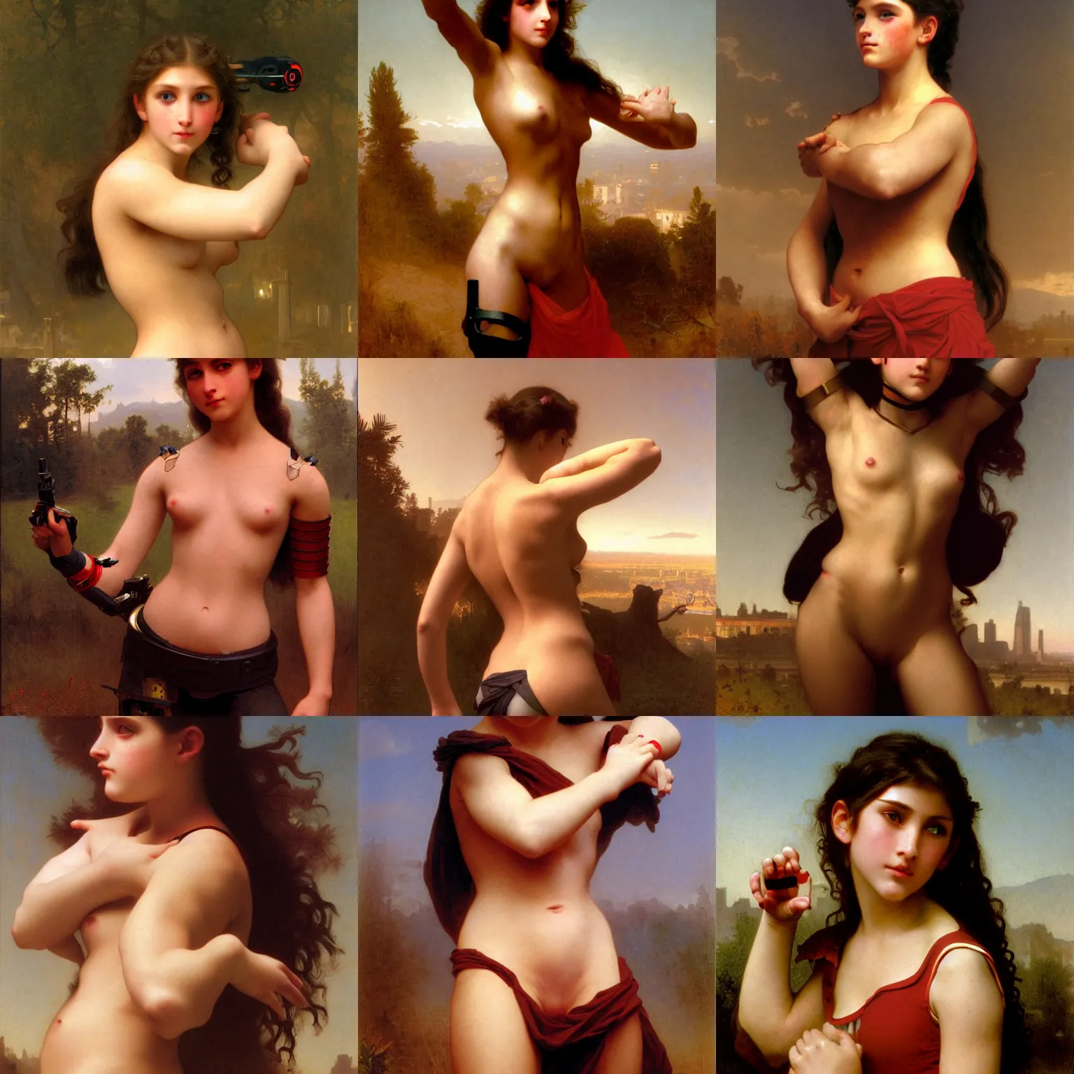 Prompt: brunette cyborg girl .glowing red eyes. cyborg arms. Art by William-Adolphe Bouguereau. During golden hour. Extremely detailed. Beautiful. 4K. Award winning.