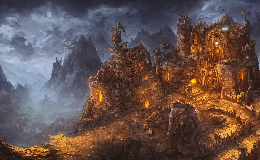 Image similar to an arcane fortress, magical and powerful, stone brick, laced with gold, landscape art, mindblowing, concept art, matte, illustration, ominous, magical, dnd, 4 k uhd, very detailed