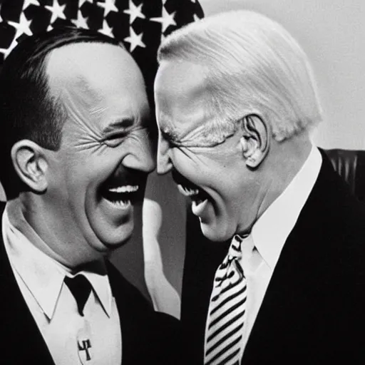 Prompt: “ very photorealistic photo of hitler and joe biden laughing together, award - winning details ”