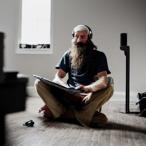 Prompt: homeless man with long beard and long hair sitting at his computer in an asylum, headphones on head, yorkshire terrier sitting beside him, film still 4 k 8 k