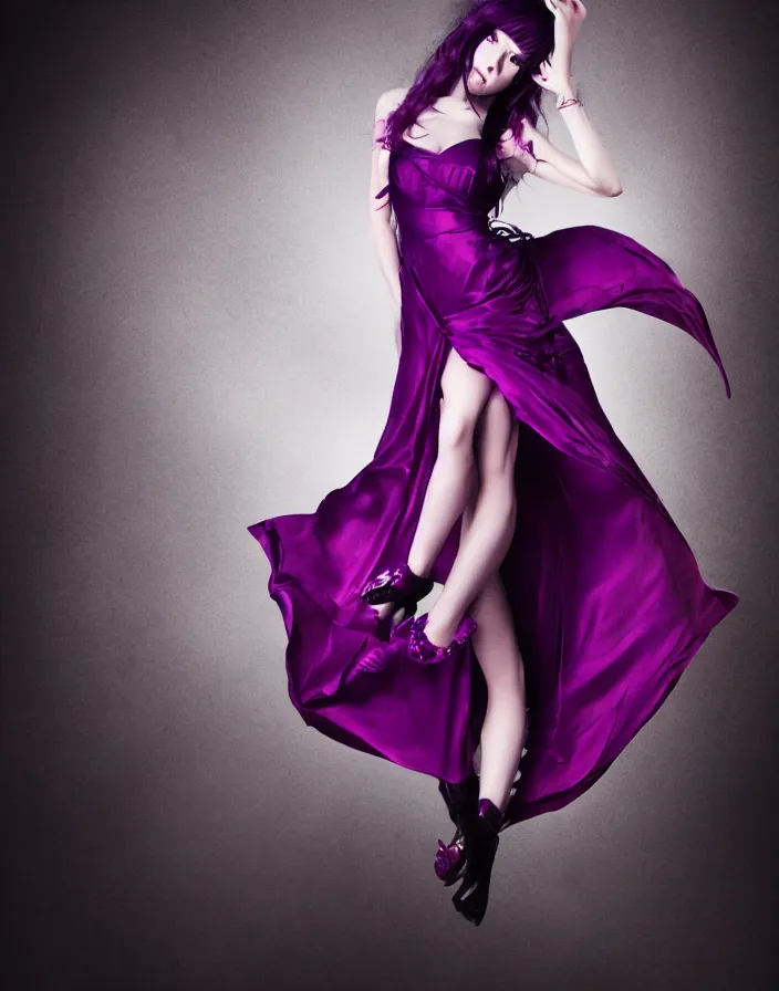 Image similar to Beautiful, professional model, vampire, Shalltear Bloodfallen, Studio Photography, Editorial photography, Studio Lighting, purple dress