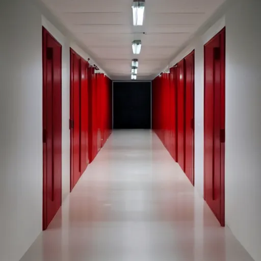 Image similar to a very long featureless white hallway with a single red door at the end, liminal space,