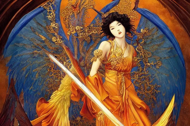 Image similar to glorious beautiful painting of Japanese female angel with flaming sword and golden wings, heavenly background and heavenly light, feminine figure, by James Jean, Neo-Gothic, gothic, Art Nouveau, rich deep moody colors