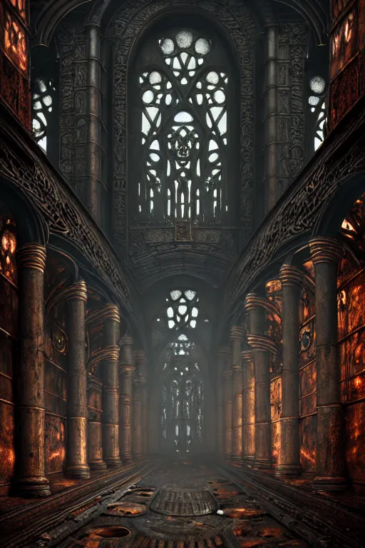 Image similar to steam necropolis, memento mori, gothic, neo - gothic, art nouveau, hyperdetailed copper patina medieval icon, stefan morrell, philippe druillet, ralph mcquarrie, concept art, steampunk, unreal engine, detailed intricate environment, octane render, moody atmospherics, volumetric lighting, ultrasharp, ominous, otherworldly